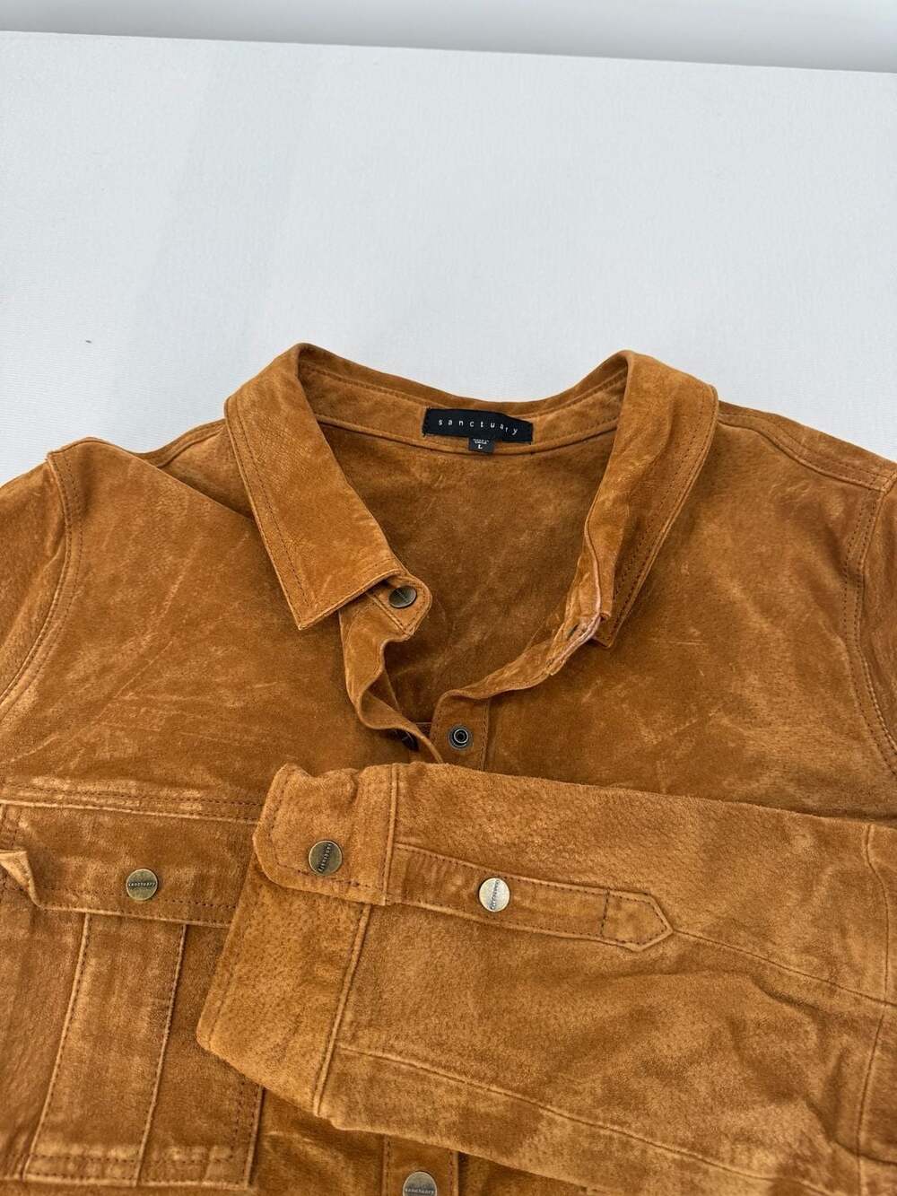 Sanctuary Brown Suede Leather Shirt Jacket Size L Snap Front Western Trucker